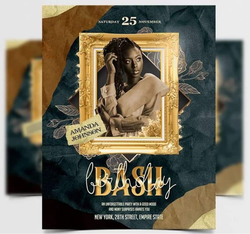 Amazing Birthday Bash Flyer Template with the Portrait in a Golden Fra