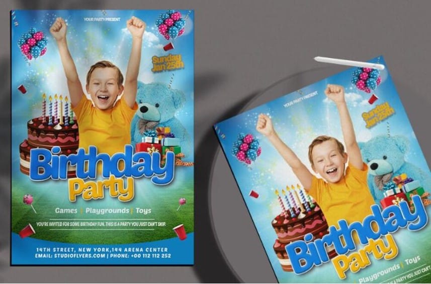 Blue, Modern Kids Birthday Party Flyer Template